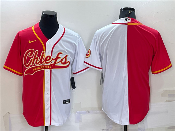 Men's Kansas City Chiefs Blank Red/White Split With Patch Cool Base Stitched Baseball Jersey - Click Image to Close